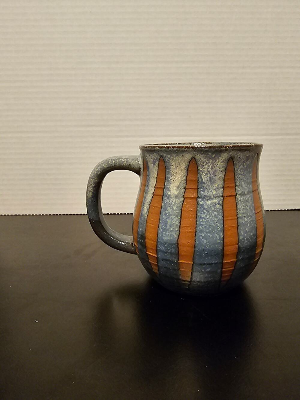 Speckled Light Blue Glazed Art Pottery Mug w Terracotta Stripes Applied Handle